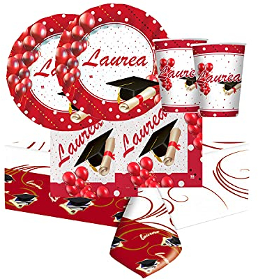 DIMAV Kit n.16 addobbi Laurea Prestige Set per Festa Laureato Completa di Piatti Bicchieri e tovaglioli e tovaglia.
