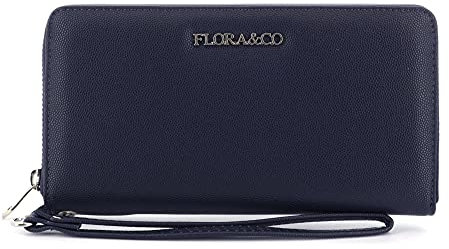 FLORA CO PARIS - Portefeuille Femme Zippé Grande Capacité - Wallet Compagnon Fin Souple Format Long 20cm - Porte-Cartes Monnaies Tout-en-Un PU Cuir Grainé à Lanière - Classique Elégant - Bleu Marine