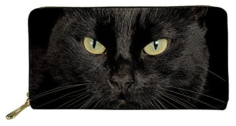 Biyejit Portefeuille long en cuir pour femme avec fermeture éclair sur le pourtour, motif chat noir, Taille unique, Décontracté
