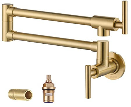 WOWOW Pot Filler Faucet Brushed Gold, Solid Brass Pot Filler Wall Mount Kitchen Stove Faucet with Double Joint Swing Arms