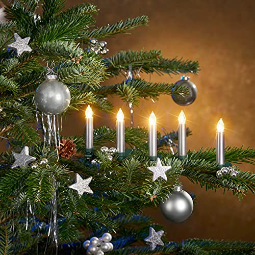 Christbaumkerzen mit Fernbedienung | Komplett-Set | flammenlose LED Kerzen, perfekte Alternative zur Lichterkette (25er Set, silber)