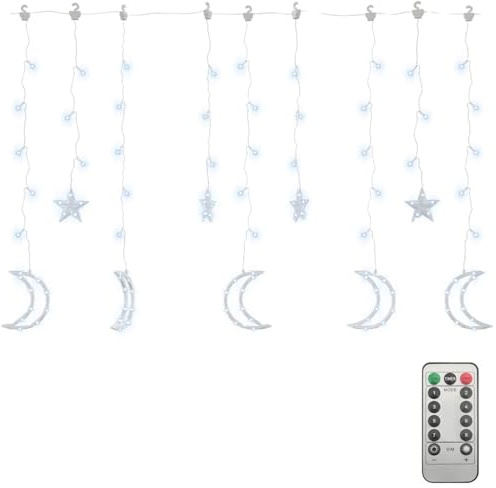 vidaXL Lichterkette Stern Mond Deko Lichtervorhang Weihnachtsbeleuchtung Sternenvorhang Innen Außen Fenster Party Fernbedienung 138 LEDs Kaltweiß