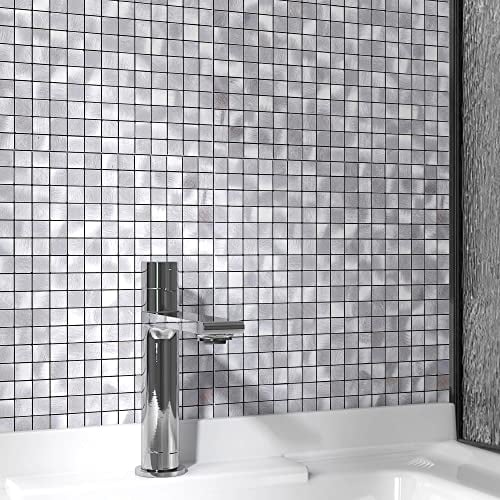 BeNice Mosaik Klebefliesen Selbstklebend Küche Metall Fliesenaufkleber Quadratische(10 Matten, Silber)