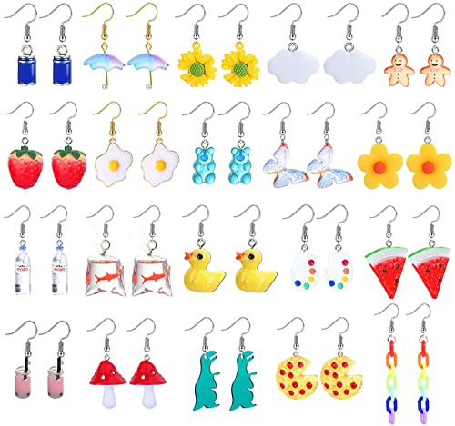 LOLIAS 20 Paar Süße Lustige Ohrringe - Kawaii Seltsame Ohrringe mit Wasserflasche, Goldfisch, Erdbeer, Pilz und Dinosaurier Design - Durchsichtige Box mit baumelnden, ästhetischen Ohrringen