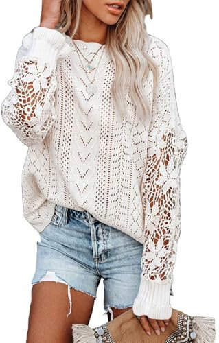 Maavoki Pullover Damen Spitze Strickpullover, Lässige Rundhals Lace Langarm Häkelpullover, Elegantes Einfarbig Stricktop Patchwork Oberteile Stricken Langarmshirt Weiß L