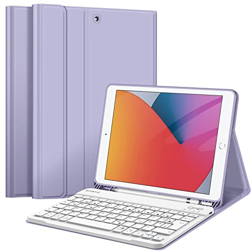 Fintie Tastatur Hülle für iPad 10.2 Zoll (9/8/ 7 Generation - 2021/2020/2019), Schutzhülle mit TPU Rückschale, Pencil Halter und magnetisch Abnehmbarer Tastatur mit QWERTZ Layout, Violett