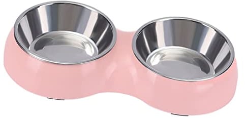 Double Dog Bowl,Non Slip Non-spill Stainless Steel Double Bowl with 1 Pet Food Spoop For Small Dogs and Cats (Light Pink, M)