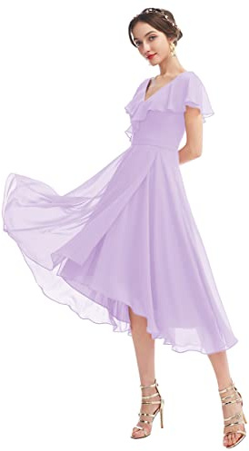 WSEYU Women's V Neck Bridesmaid Dresses with Sleeves Short Chiffon Plus Size Ruffle Formal Prom Dresses with Pockets Lilac UK20