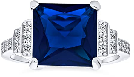 Bague Cocktail Style Art Déco Énorme 5 CTW Saphir Bleu Simulé Clair AAA CZ Style Pierre Latérale Étagée Coupe Radiante Brillante Carrée Bague de Fiançailles Pour Femme en Argent Sterling .925 Rhodium