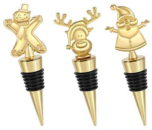 Vspek Weinverschluss Weihnachten, 3 Stück Gold Flaschenverschluss Weinflaschenverschluss für die Weinsammlung Wein/Champagner, Weihnachtsmann/Rentier/Schneemann Dekoration Weihnachten Geschenke