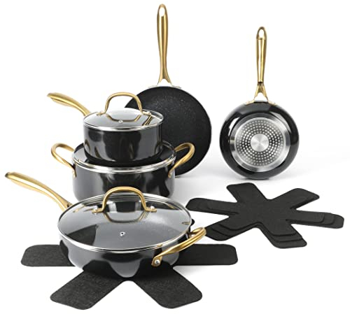 Gibson Home 12 Piece Heavy Gauge Nonstick Induction Aluminum Cookware Set w/Felt Protector - Black with Gold Speckle Interior