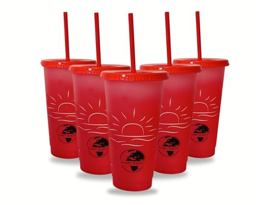 Planet Quality Lot de 5 Gobelets Plastique Réutilisable 710ml, Change de Couleur avec le Froid, Gobelets avec paille et couvercle, verre tumbler rouge, sans BPA, boisson Chaude Froide Plages Fêtes