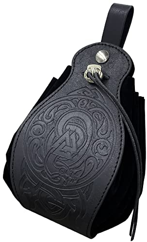 HiiFeuer Mittelalter Kunstleder Tasche, Tragbare Kordelzug Geldbörse, Vintage Gürteltasche Würfeltasche Für LARP Ren Faire (Nidhogg Schwarz)
