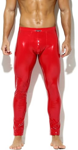 Bodywear4you Herren Leder Leggings in Lack-Latex-Optik Kunstleder enganliegend Hose Meggings Wetlook Lederhose Patent Pants (as3, Alpha, l, Regular, Regular, Rot)