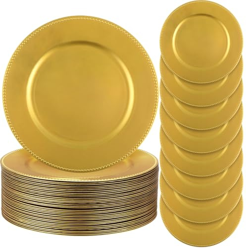Jinei 36 Pack Gold Charger Plates 13 Inch Plastic Beaded Round Charger Plates Wedding Table Decoration Reusable Dinner Plate Tray for Birthday Party Holiday Event