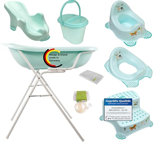 KiNDERWELT Baby Bad Set - 9er Z Set Funny Farm aqua für Babys - Badewanne, Badewannenständer, Badesitz, Topf, WC-Sitz, zweistufiger Hocker, Windeleimer, Ablaufschlauch, Waschhandschuh