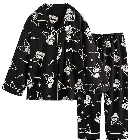WANHONGYUE Kawaii Kuromi Pigiama Donna Ragazza Lungo Due Pezzi Maglietta Manica Lunga e Pantalone Lungo Set di Pigiama Camicie da Notte Abbigliamento per La Casa Nero XL