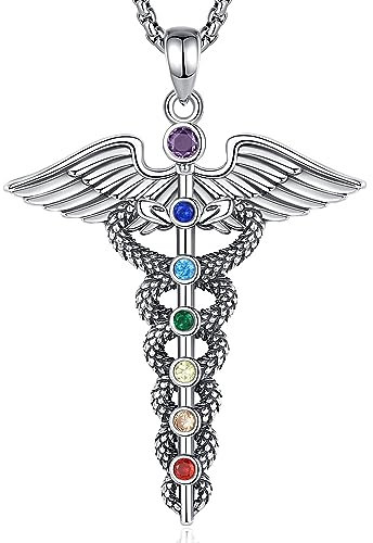 EUDORA Caduceus Kette Damen Herren Sterling Silber 925,Caduceus Halskette Medizinischer Symbolstab des Asklepios Schützend Amulett Anhänger Engelsflügel Schmuck Geschenk für Arzt Krankenschwester