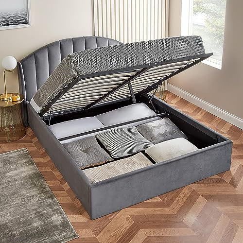 Grey Small Double Bed Frame Curved | Winged Headboard Ottoman Storage Bed | Velvet Upholstered Bed 4FT 120 x 190cm (Small Double, No Mattress)