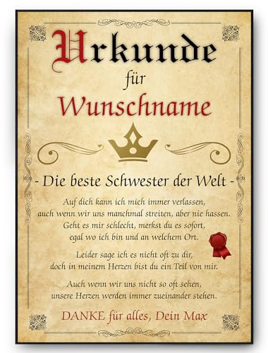 Tigerlino® Beste Schwester Urkunde personalisiert Schwester persönliches Geschenk personalisierte Geschenkidee Schwester Geburtstag Weihnachten