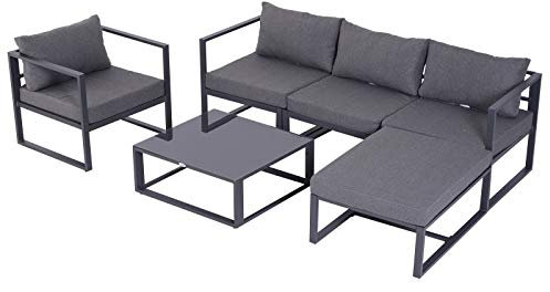 Outsunny 6-TLG. Gartenset Gartengarnitur Gartensofaset Sitzgruppe Gartenmöbel Aluminium + Polyester + Hartglas Grau mit Kissen für 4–5 Personen