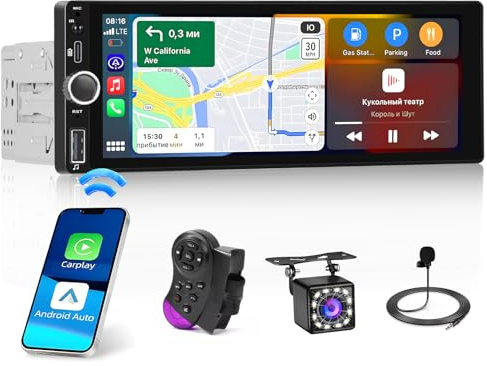 Hikity 1 Din Autoradio con Wireless Carplay Android Auto, 6, 86 Pollici Schermo Tattile Radio Stereo Bluetooth 1 Din con FM RDS Mirror Link EQ Controllo del Volante USB MIC Telecamera Posteriore