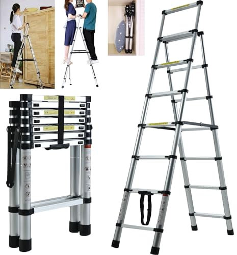 Banas Folding 6+7 Steps Aluminium Herringbone Ladder Portable Household Multi-purpose Heavy Duty Telescopic Ladder, 2M+2.3M/6.6FT+7.5FT, Max Load 150kg/330lb; Easy Storage, EN131 & CE Standard