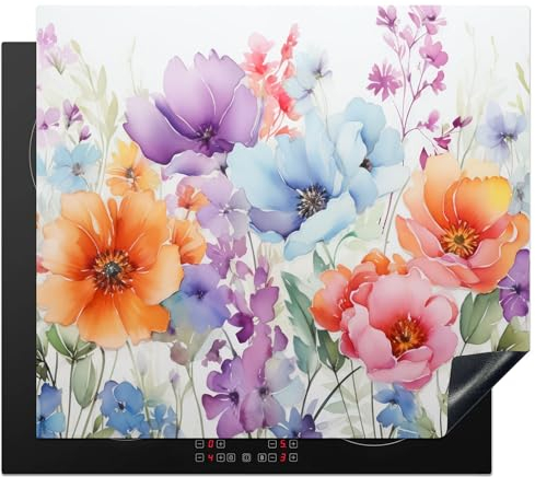 KitchenYeah© Protezione Piano Induzione 60x52 cm Cucina Copri Fornelli Proteggi di Cottura Antiscivolo Tappetino Acquerello - Fiori - Primavera - Natura