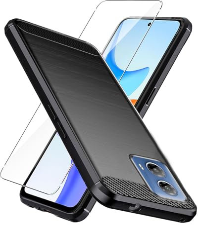 LYZXMY Protective Film for Motorola Moto G34 5G Case black Carbon Fiber + 1 x Tempered Glass - Soft Cover Carbon Fibers Skin Phone Shell for Motorola Moto G34 5G (6.5)