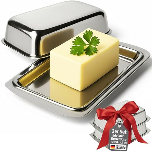 2 x Butterdose - Große Butterglocke aus Edelstahl - Butterschale mit Deckel - Butterbehälter 16 x 10 x 4,3 cm - Rostfrei - Frühstücksbegleiter