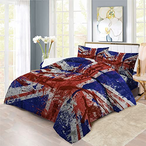Bettdecke Set Abgenutzt Britische Flagge Design Bettwäsche Gealterte Union Jack UK Flagge | Mit Weicher Bettdecken+2 Kissenbezügen(3PCS) Oder Laken (4PCS) (D,Single-3PCS)