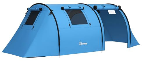 Outsunny 3-4 Man Camping Tent, Large Family Tunnel Tent with Bedroom and Living Room, 3000mm Waterproof, Portable with Bag, for Fishing Hiking Festival, Sky Blue