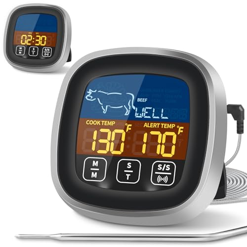 JAMATA Termometro Cocina, Termómetro digital con sonda & Alarma Temporizador, Termómetro para Grill con 5 Niveles de Cocción, Termómetro para BBQ Carne Alimentos Parrilla Horno
