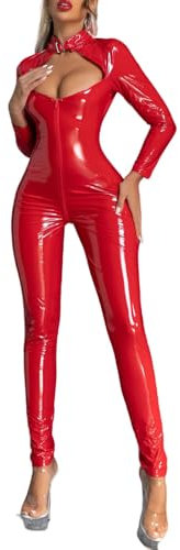 Damen Wetlook Catsuit mit Reißverschluss Lackleder Sexy Katzenkostüm Enge Kleidung Body Langarm Jumpsuit Ouvert Bodysuits Einteiler Overall Playsuit Cosplay Catwoman Clubwear Tanzparty Kostüm Rot-L