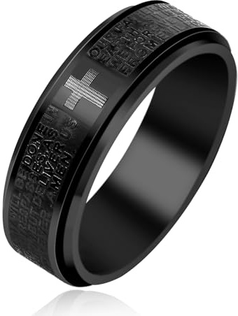 Uloveido Spinnerring für Herren, mit Bibelvers Our Father Deliver Us From The Evil, 8 mm breit, schwarzer Titanstahl, Fidget-Band für Christen, T 1/2 (circ.62.1 mm), Metall, Kein Edelstein