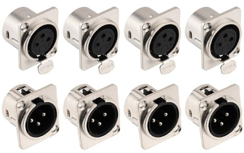 Greluma 8 pièces Connecteurs XLR mâle/femelle, fiche/prise à 3 broches pour montage sur panneau pour microphone et haut-parleur, contacts en cuivre nickelé, boîtier en métal