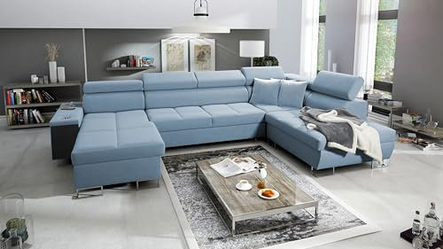All4All Ecksofa mit Schlaffunktion Margo VI 360x221 cm - Schlafsofa mit Bettkasten - Wohnlandschaft in U-Form - XXL Sofa - Seite Links - Gewebe - Blau - Modern 26