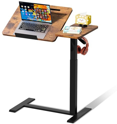 EKNKOZY Standing Desk, Medical Overbed Table with Rolling Tray, Dual Pneumatic Angle and Height Adjustable Desk, Portable Side Table with Hidden Wheels, Home & Hospital Use, Rustic Brown