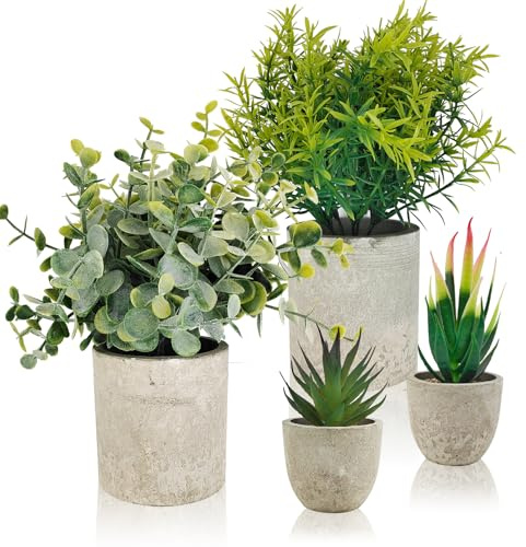 Plantes Artificielles Interieur, 4 Pieces Petite Fausse Plante avec Pots, Avec Une Corde de Chanvre, Eucalyptus, Romarin, Aloès, Plantes Succulentes pour Chambre Salon Salle de Bain Bureau Decoration
