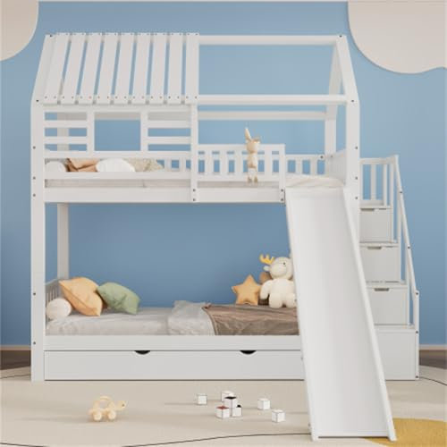 Etagenbett Mit Rutsche Und Treppe Mit Stauraum Hausbett Kinderbett Mit Fenster Und Dach Hochbett 90x200 2X Lattenrost Mit Rausfallschutz Und Schublade Rahmen Aus Kiefernholz Weiß