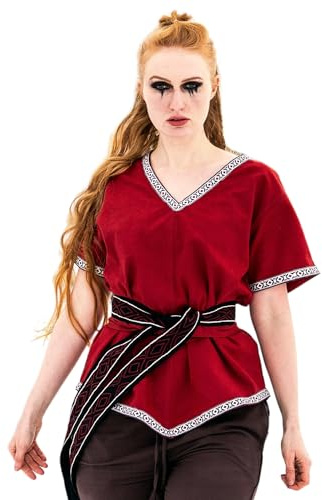 Leonardo Carbone® Damen Bluse Wikinger Tunika Matilda | V-Ausschnitt Mit Bordüre | Integrierter Gürtel | Karneval, Halloween, Cosplay, LARP, Tunika, Oberteil, Kostüm | 100% Baumwolle Rot 2XL