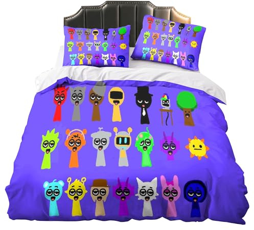 Jilijia Sprunki Bedding 3-teiliges Set mit bedrucktem Bettbezug und 2 Kissenbezügen, Sprunki Merch Horror-Spiel-Bettwäsche, superweich, leicht, Set