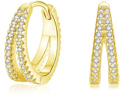 Cangall Silver Hoop Earrings for Women, 925 Sterling Silver Double Layer Hoop Earrings with Cubic Zircon, Hypoallergenic Earrings Gold, Minimalist Small Cartilage Sleeper Chunky Hoop Earrings Gold