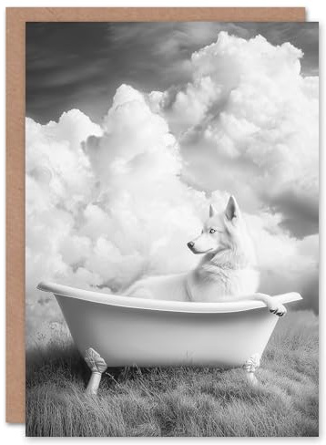Artery8 Greeting Card Husky in a Bathtub on Field Black White Surreal Blank For Him Or Her Art Birthday Card