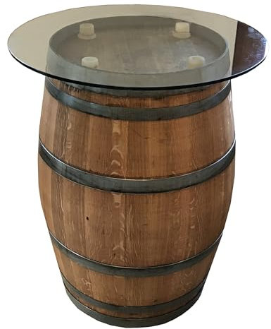 Fassl Baron Holzfass Stehtisch aus gebrauchtem Weinfass -Abgeschliffen & Geölt- Mit Glasplatte 90cm -Als Fassbar oder Gartentisch. D/H=70/95cm- Dekofass 225 Liter aus Eiche Holzfässer Fasstisch