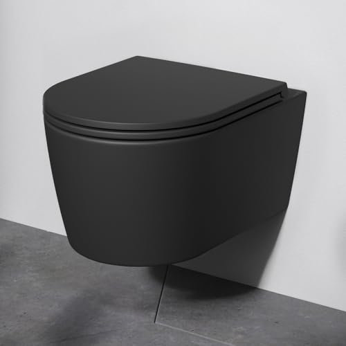 AM.PM Func FlashClean WC suspendu sans rebord Noir mat, à rinçage profond, WC mural avec abattant de WC avec système d'abaissement automatique, WC noir en céramique, 49 cm de long