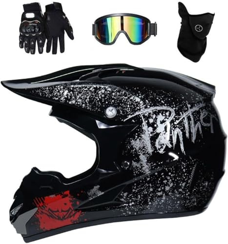 Integraler MTB-Motocross-Helm, mit Brille, Handschuhe, Maske, Erwachsene, Unisex, Offroad, Straße, MTB, Scooter, Motorradhelm, Downhill, Enduro, BMX, Quad, Motorrad, Cross (Schwarz, S (52~53 cm))