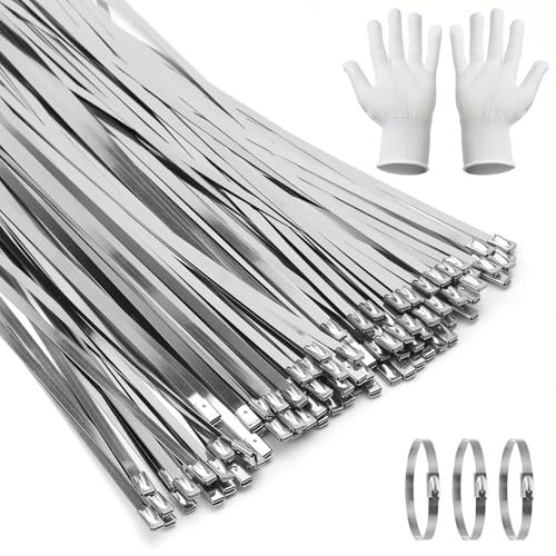 ZMDMAH 100 Piezas Bridas de Acero Inoxidable, 300 mm x 4,6 mm Bridas Metalicas Resistencia Tracción 90 kg Multiusos Bloqueo Automático, Bridas Inoxidable Para Fijación Tuberías Reparación Cercas