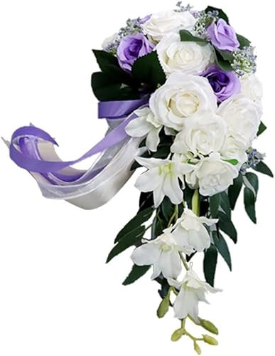 AQCQDQ Realistischer Hochzeits Braut Blumenstrauß Brautstrauss Wasserfall Handgemachte, Wasser Tropfen Wasserfall Braut künstliche Blumen Braut Rosen für Strauß Party Hochzeit (Lila;,50cm)