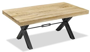 Couchtisch >Dehli< Couchtisch Mango massiv naturbelassen, lackierte aufgedoppelte Tischplatte 5,5 cm, Mattes schwarzes Metallgestell mit Traverse, Maße B/H/T: 110/46/60 cm, zerlegt geliefert.